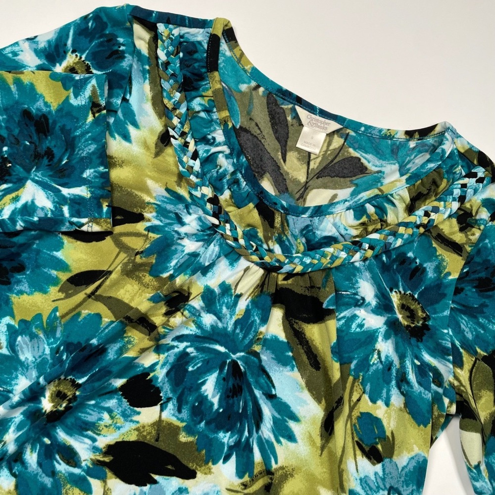 Christopher & Banks Blue Floral‎ Braided Neck 3/4 Sleeve Top Small